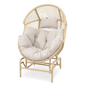 Yellow Wicker Egg Chair Patio Glider, Backyard Living Room Indoor/Outdoor Chaise Lounge with Beige Cushions