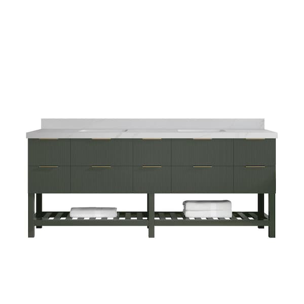 Willow Collections Catalina 84 in. Double Sink Freestanding Pewter Green Bath Vanity with Calacatta Sienna Qt. Top Unassembled