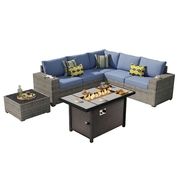 Baldwin Gray 7-Pieces Wicker Wide Arm Outdoor Patio Sofa Sectional Set with Metal Fire Pit and Denim Blue Cushions