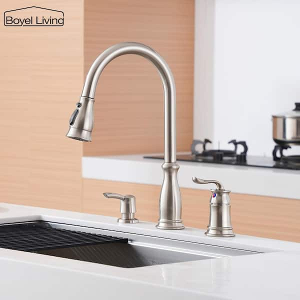 3-Spray Patterns 1.8 GPM Single Handle No Sensor Pull Down Sprayer Kitchen Faucet with Soap Dispenser in Brushed Nickel