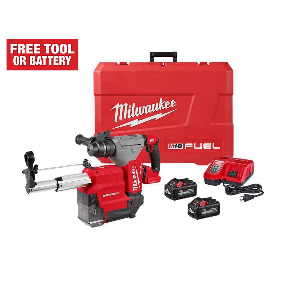 Milwaukee M18 FUEL 18V Lithium-Ion Brushless 1-1/8 in. Cordless SDS-Plus Rotary Hammer/Dust Extractor Kit, Two 6.0Ah Batteries -  2915-22DE