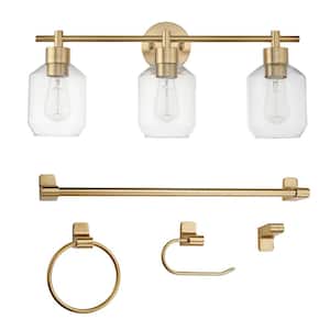 Cannes 24.5 in. 3-Light Brass Vanity Light with Clear Glass Shades and Bath Set (5-Piece)