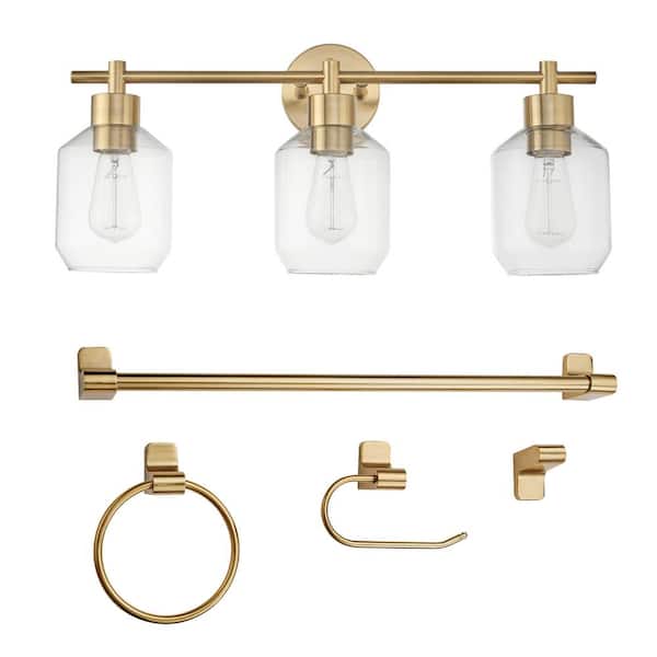Globe Electric Cannes 24.5 in. 3-Light Brass Vanity Light with Clear Glass Shades and Bath Set (5-Piece)