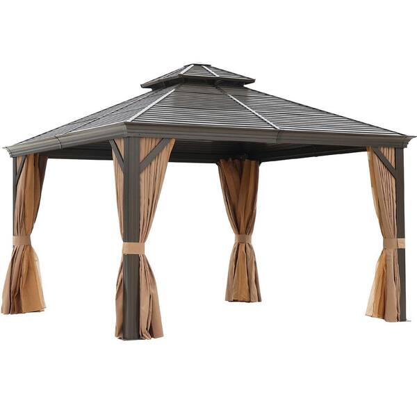 NOBLEMOOD 12 ft. x 12 ft. Outdoor Patio Double Roof Galvanized Gazebos with Curtain and Netting