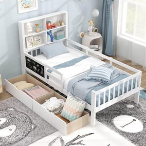 White Wood Frame Twin Size Platform Bed with 2 Drawers Bookcase and Blackboard Full-length Guardrails