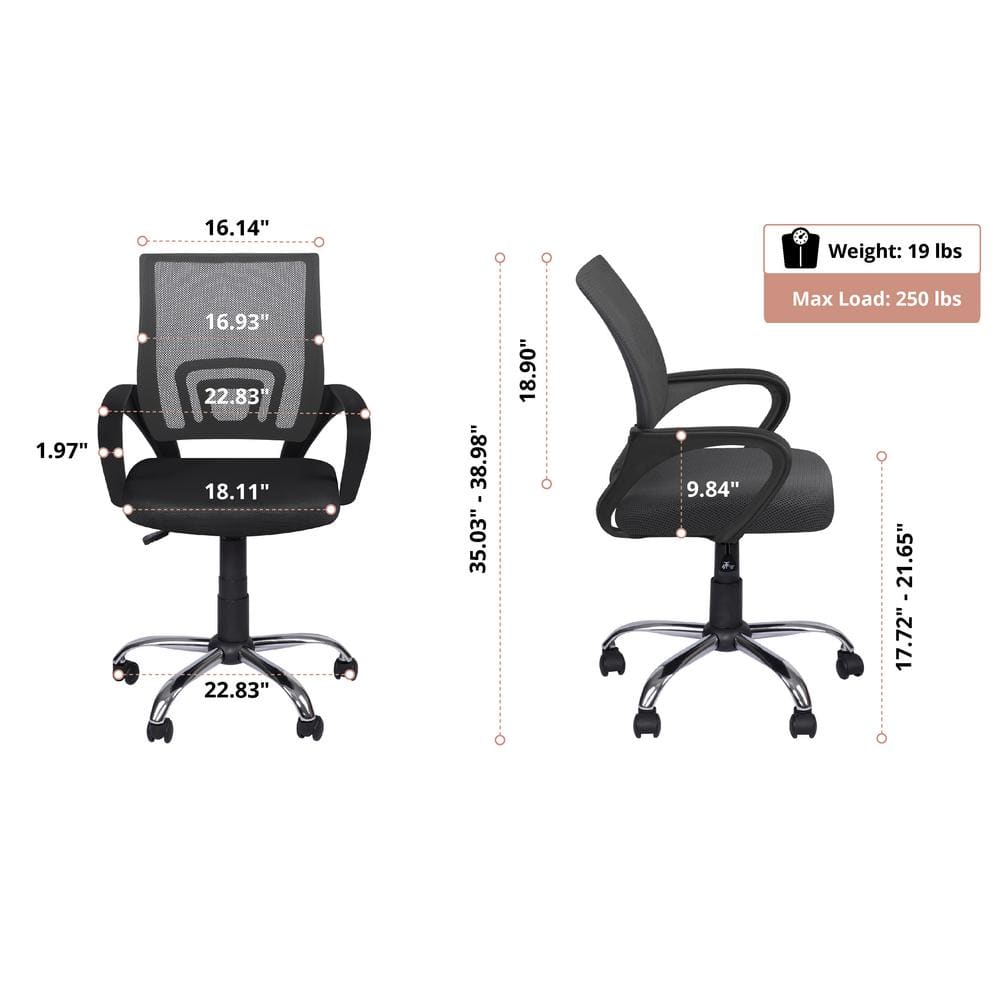 Black Height Adjustable Executive Office Mesh Mid-Back Swivel Chair with Armrest, Lumbar Support - Thumbnail 5