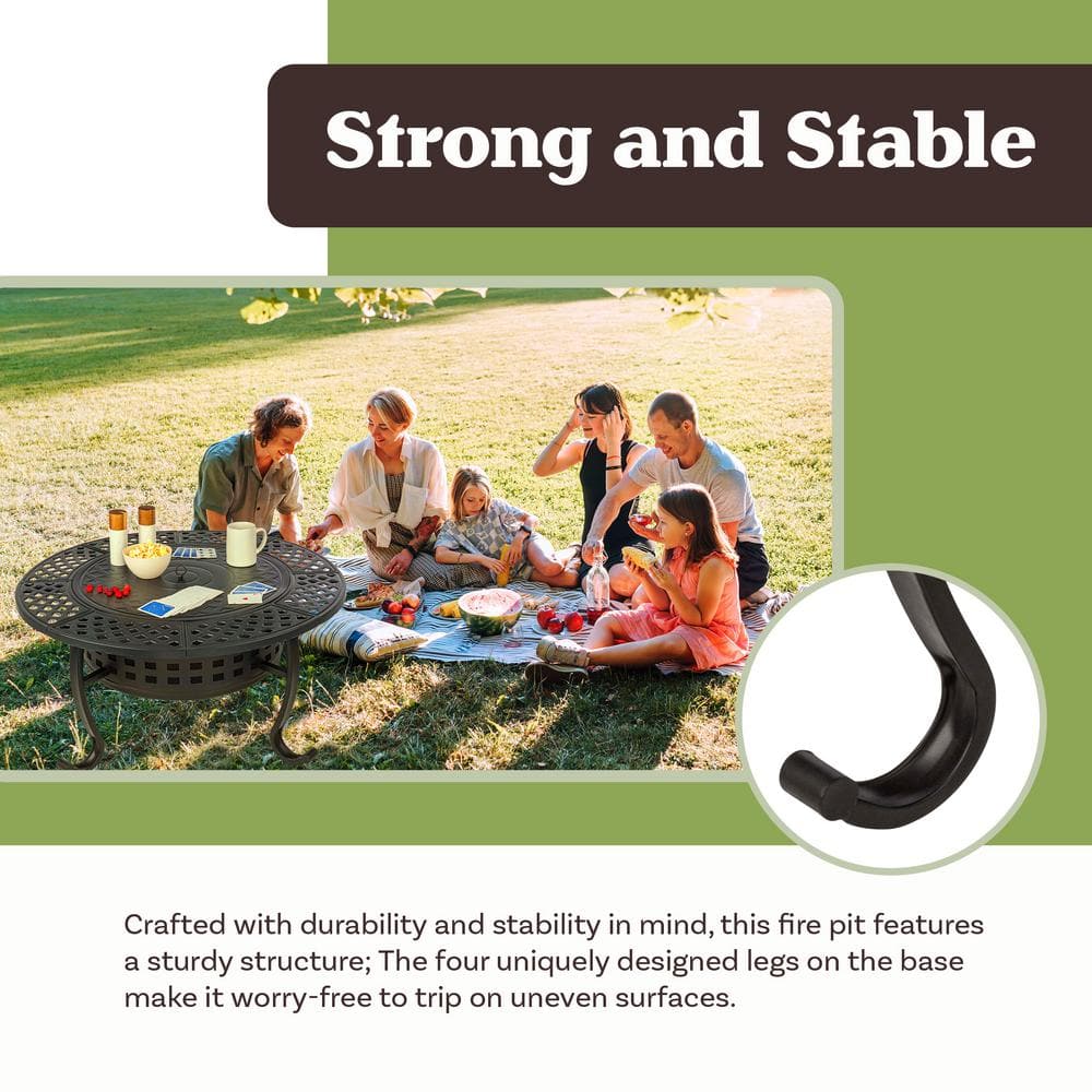 37" Black Steel Round Wood Burning Fire Pit Table with Grills