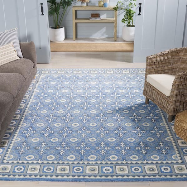 Ebony 7 ft. x 7 ft. Blue/Ivory Geometric Abstract Border Square Area Rug