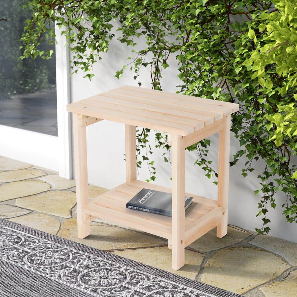 Natural Cedar Rectangular Outdoor Side Table with Shelf