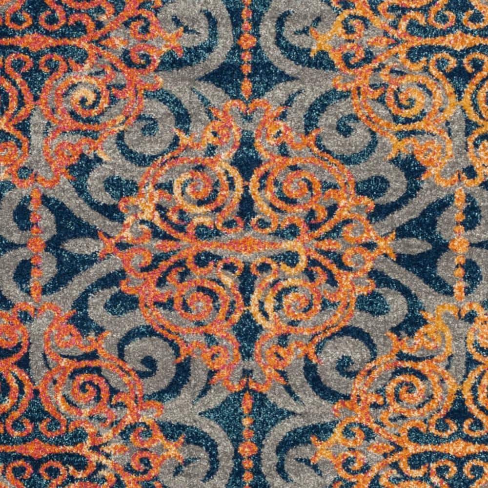High Pile Blue and Orange Synthetic Boho Area Rug