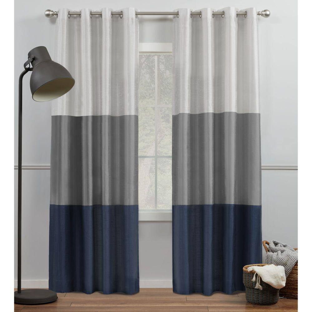 Navy/Grey Striped Grommet Room Darkening Curtain - 54 in. W x 96 in. L