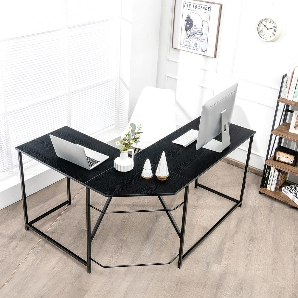 Modern L-Shaped Black Wood & Metal Corner Computer Desk