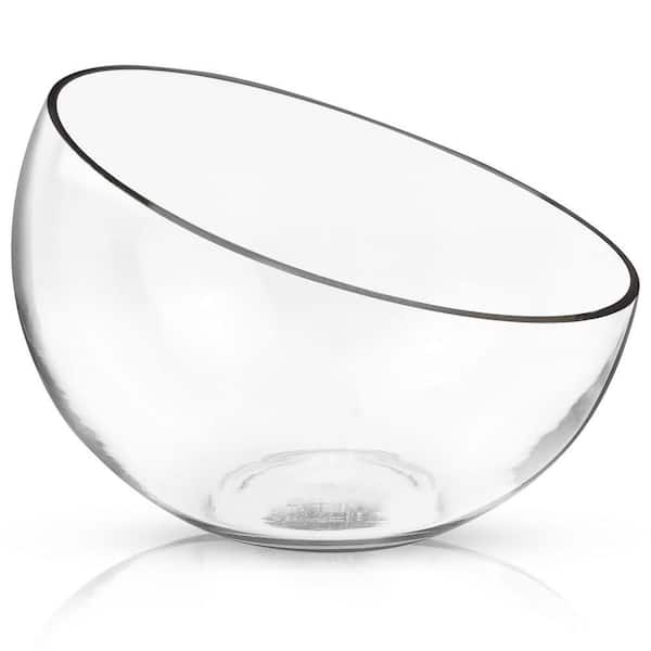 A clear glass decorative bowl with a slanted bubble design for centerpieces or serving. LX0094