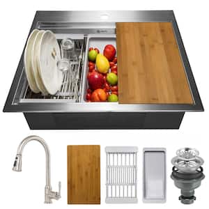 All-in-One 25 in. x 22 in. Drop-in 18-Gauge Stainless Steel Single Bowl Workstation Kitchen Sink with Pull-Down Faucet