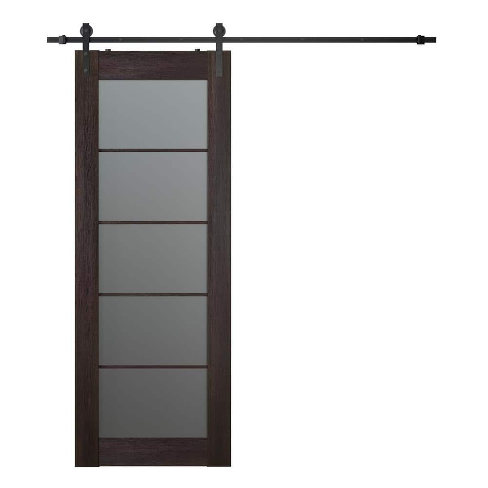 Vona 28 in. x 84 in. 5-Lite Frosted Glass Veralinga Oak Finished Composite Wood Sliding Barn Door with Hardware Kit price history on PriceWatchPro