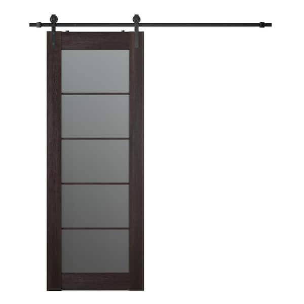 Belldinni Vona 28 in. x 84 in. 5-Lite Frosted Glass Veralinga Oak Finished Composite Wood Sliding Barn Door with Hardware Kit