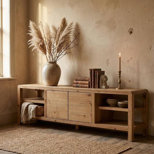 BYBLIGHT Ezlynn Brown 70.9 in. Long Solid Wood TV Stand with Open