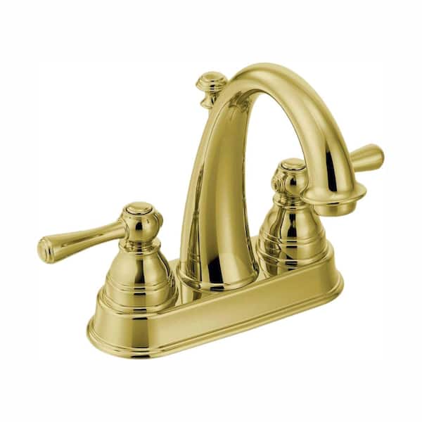 MOEN Kingsley 4 in. Centerset 2-Handle High-Arc Bathroom Faucet in Polished Brass with Drain Assembly