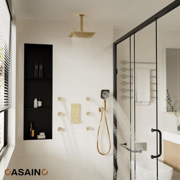 Luxury Thermostatic 3-Spray Patterns 12 in. Flush Ceiling Mount Rainfall Handheld Shower Head 1.8 GPM in Brushed Gold