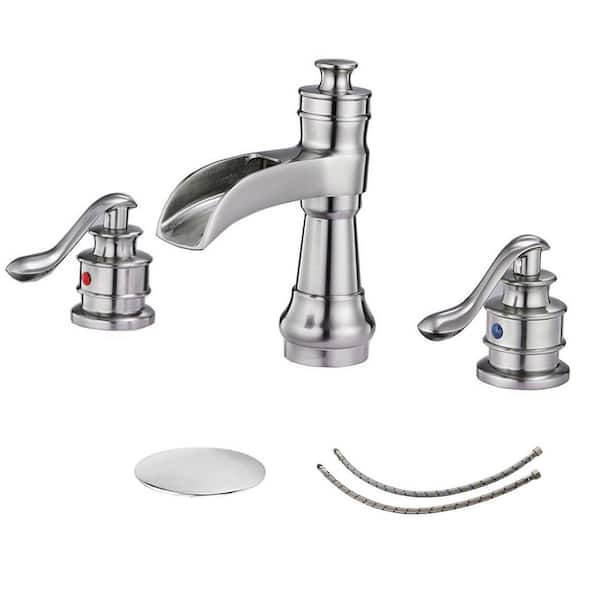 8 in. Waterfall Widespread 2-Handle Bathroom Faucet with Pop-up Drain Assembly in Spot Resist Brushed Nickel