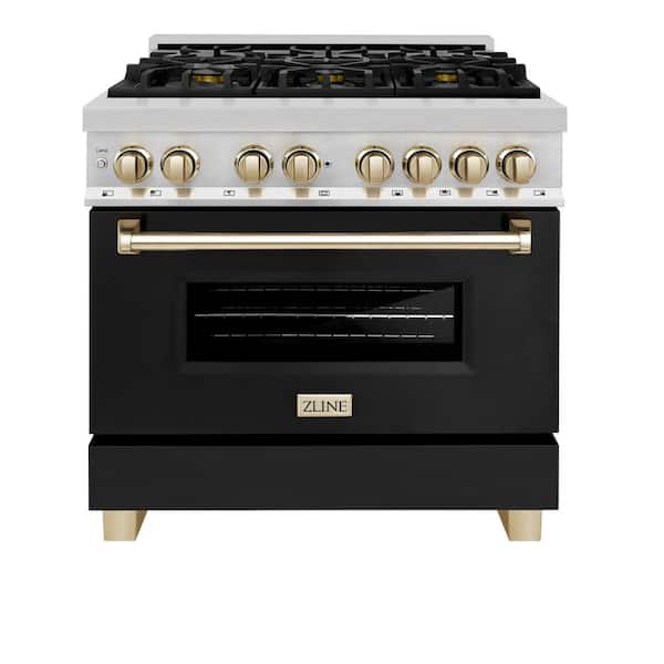 Autograph Edition 36 in. 6-Burner Dual Fuel Range in Stainless Steel with Matte Black Door and Polished Gold Accents