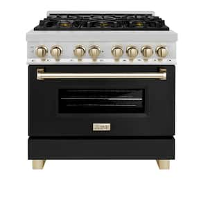 Autograph Edition 36 in. 6-Burner Dual Fuel Range with Matte Black Door and Polished Gold Accents