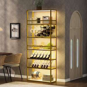 Gold Contemporary LED Tall Bar Cabinet Standing Honeycomb Wine Rack with Glass Rack