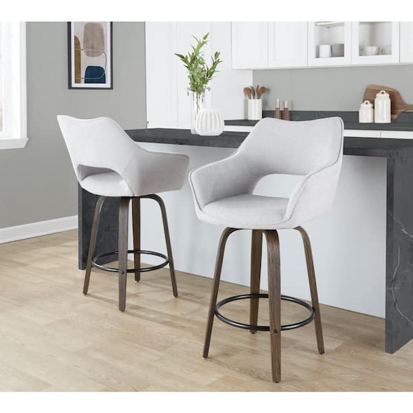 Lumisource Mustang 26.5 in. Grey Fabric, Walnut Glazed Wood and Black Metal Fixed-Height Counter Stool (Set of 2)