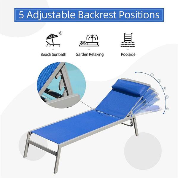 Blue 3-Piece Aluminum Adjustable Outdoor Patio Chaise Lounge, Pool