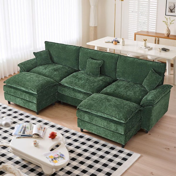 WONDER COMFORT Modern Oversized 121.7 in. Pillows Armrests U-Shape Chenille Modular Sectional Sofa with 2 Ottomans in. Green