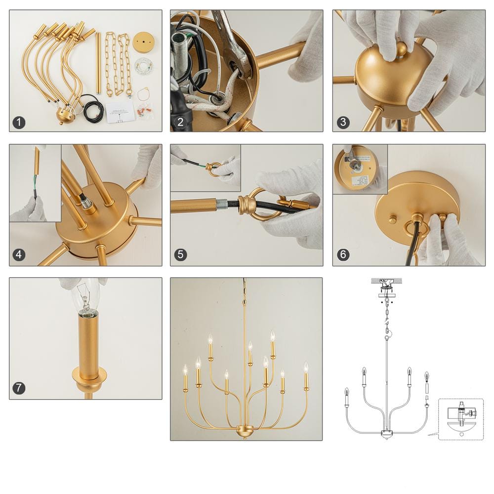 Gold 9-Light 2-Tier Candle Style Metal Chandelier