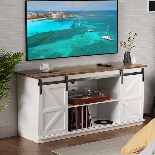 LACOO 58 in. White Composite TV Stand Living Room Hub Fits TV's up to 65 in. with Sliding Barn Door and Adjustable Cabinets