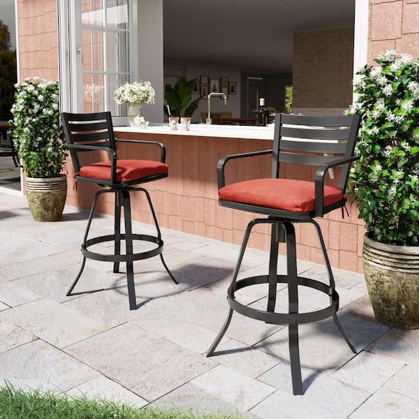 Pellebant Swivel Cast Aluminum Outdoor Bar Stool with Sunbrella Red Cushion (2-Pack)