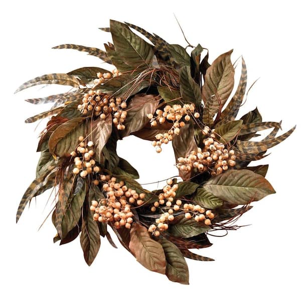 Nearly Natural 24 in. Artificial Berry and Feather Wreath