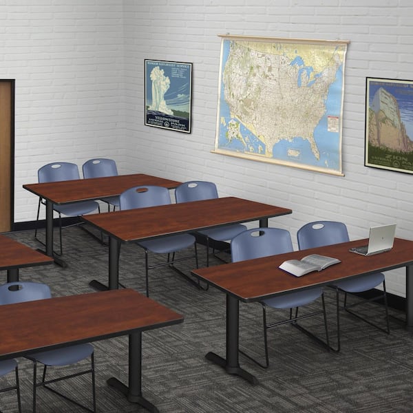 Cain 72 in x 24 in. Mahogany T-Base Training Seminar Table Desk and 2 Zeng Stack Chairs-Blue