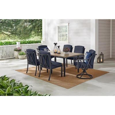 Harmony Hill 7-Piece Black Steel Outdoor Patio Dining Set with CushionGuard Midnight Navy Blue Cushions
