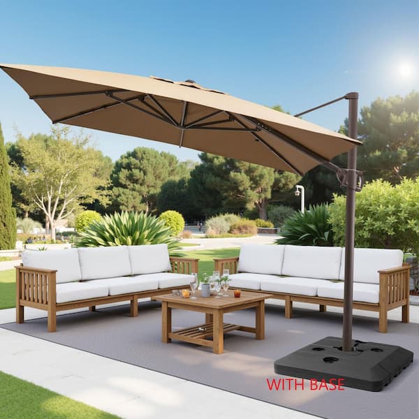 9 ft. x 11.5 ft. Aluminum Offset Cantilever 360° Rotation Tilt Patio Umbrella in Tan with 240 lbs. Square Shaped Base