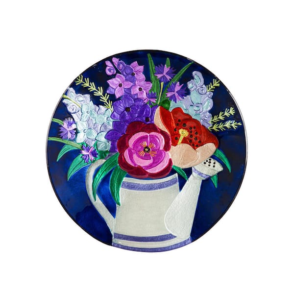 Evergreen 18 in. Floral Watering Can Hand Painted and Embossed Glass Bird Bath