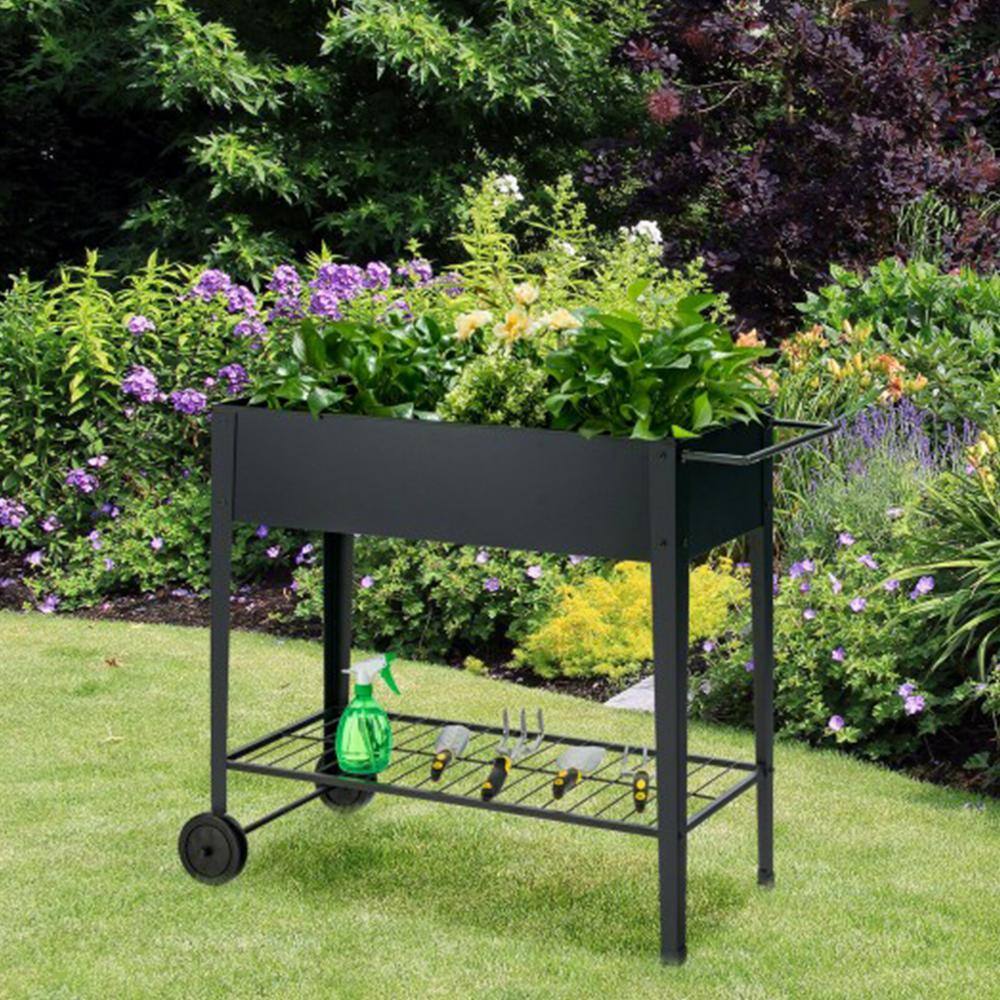 Black Iron Raised Garden Bed with Wheels and Shelf