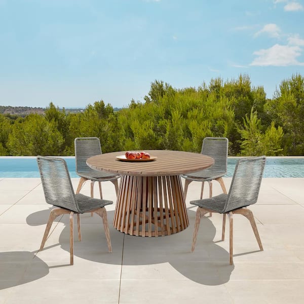 Armen Living Escondido and Island Light Brown 5-Piece Eucalyptus Wood Round Outdoor Dining Set
