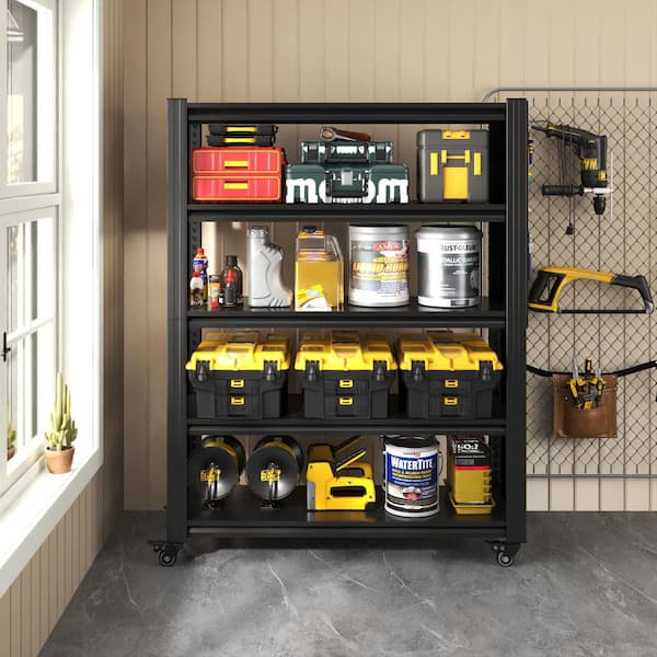 78"H 5 Tier Adjustable Shelving with Pegboard and Wheel, Heavy Duty Metal Shelving Unit for Garages, Kitchens in Black