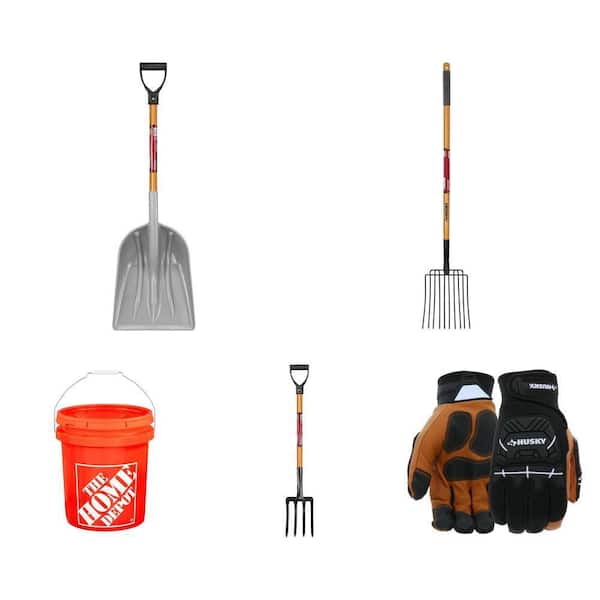31 in. Poly Scoop Shovel, 47 in. Garden Fork, 5 Gallon Bucket, 28 in. Spading Fork and Leather Work Glove Combo