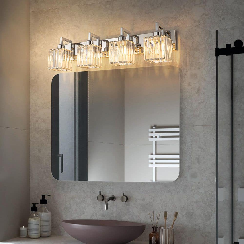 Home Lighting Fixture Width 28.34 in. 4-Light Chrome Modern Crystal Vanity Lights Wall Sconces for Bathroom price history on PriceWatchPro