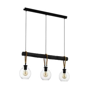 Roding 35 in. W x 81 in. H 3-light Structured Black Linear Pendant with Clear Glass Shades and Rope Accents