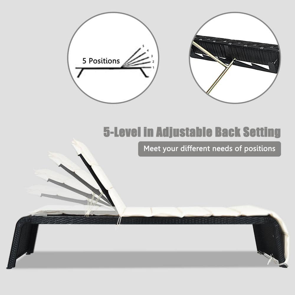 Adjustable Black Rattan Outdoor Chaise Lounge with White Cushions