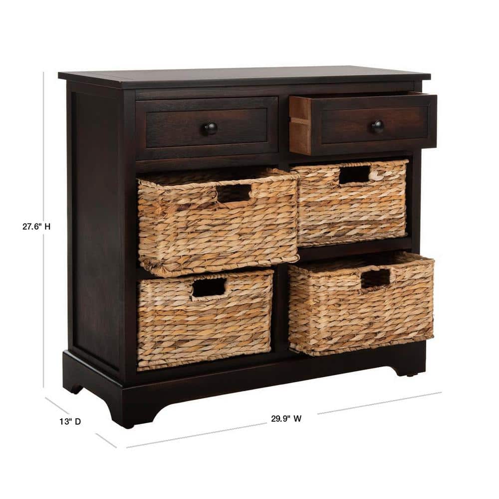 Transitional Pine Wood Storage Unit with 6 Wicker Baskets, Brown