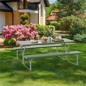 72 in. Green Rectangle Metal Picnic Tables Seats 8-People with Umbrella Hole
