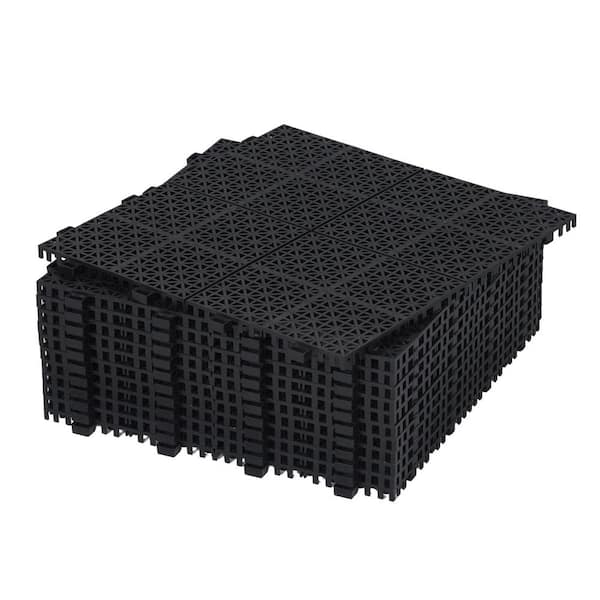 Tunearary 12 in. x 12 in. Black Rose Pattern Waterproof Plastic Interlocking Floor Tile for Decks and Bathrooms, 24 Pieces Total