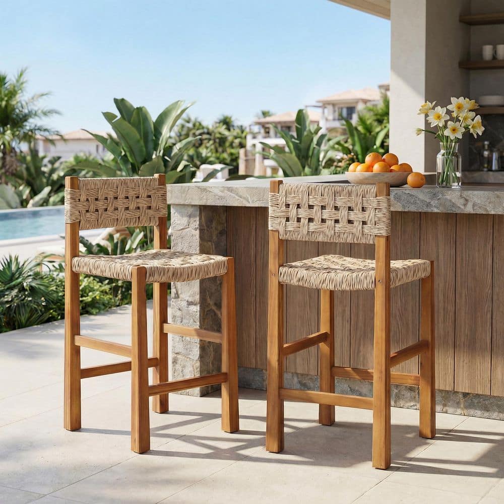 Akshara Solid Wood Outdoor Bar Stool with Light Brown Wicker, Set of 2 price history on PriceWatchPro