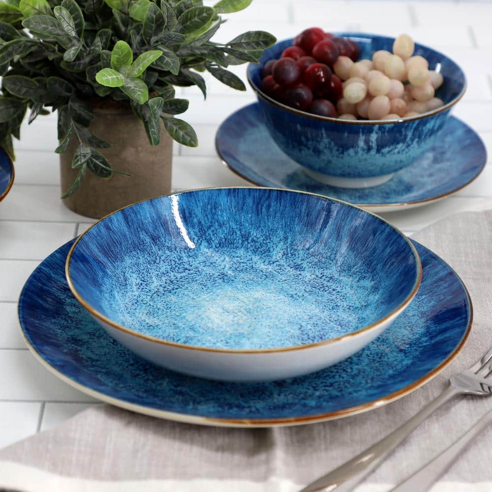 Elama Oceanus 16 Piece Blue Porcelain Dinnerware Set